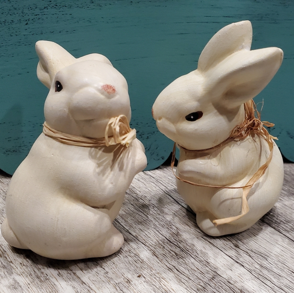 Two Adorable Beige/White 3" Ceramic Bunny Rabbit Figurines Easter Decor.